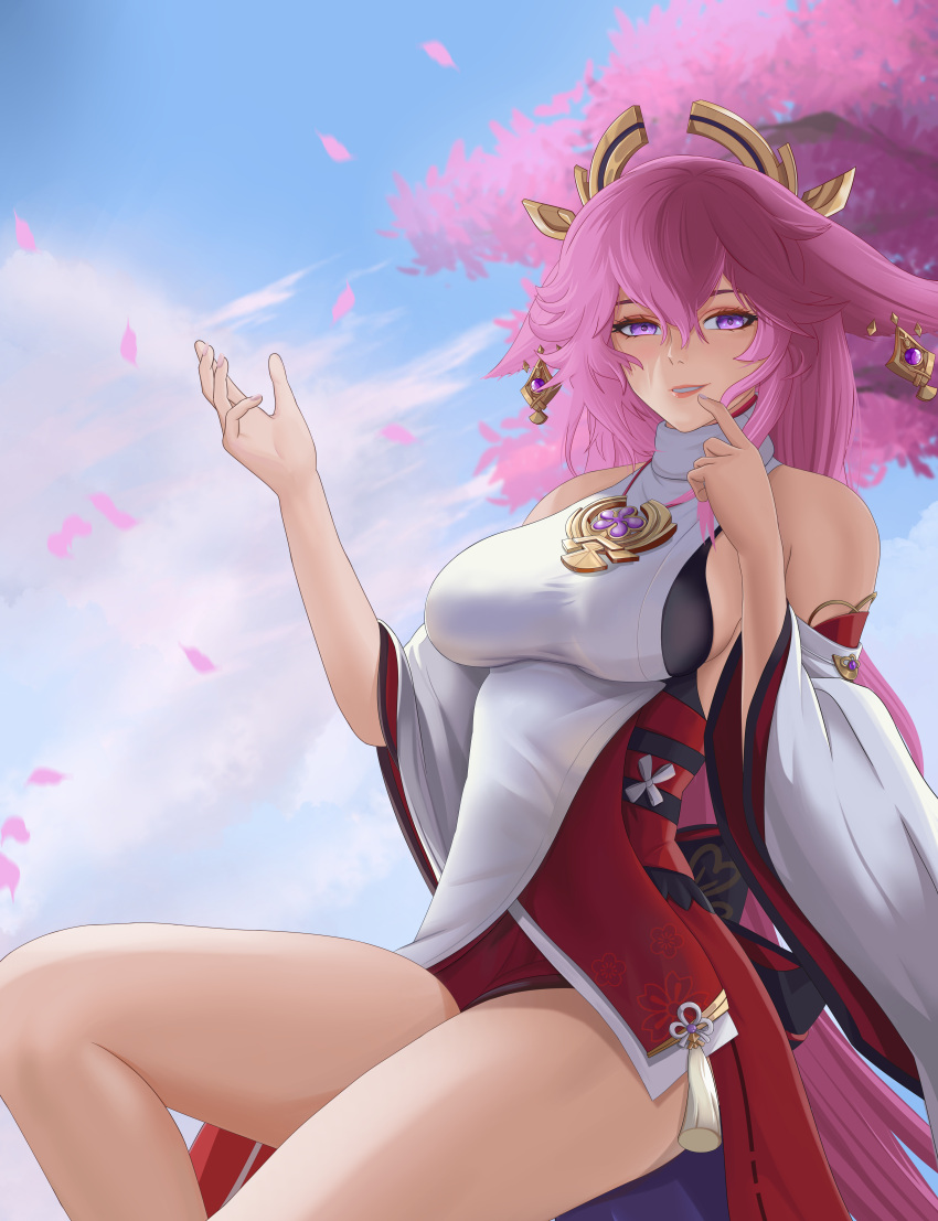 1girl animal_ears bangs bare_shoulders blush breasts detached_sleeves fox_ears genshin_impact gohei hair_ornament highres japanese_clothes jewelry kimono large_breasts long_hair looking_at_viewer necklace parted_lips pendant pink_hair purple_eyes red_skirt sidelocks sidraxiii skirt sleeveless sleeveless_kimono smile solo thighs very_long_hair white_kimono wide_sleeves yae_(genshin_impact)