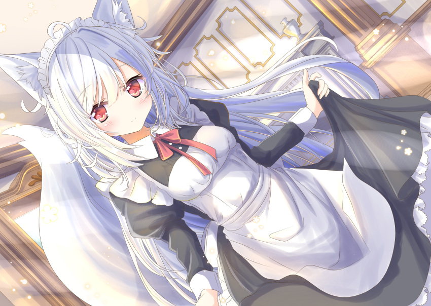 1girl ahoge animal_ears apron aruka_(alka_p1) bangs black_dress blush bow closed_mouth collared_dress commentary_request dress dutch_angle eyebrows_visible_through_hair fox_ears fox_girl fox_tail hair_between_eyes highres indoors juliet_sleeves long_hair long_sleeves maid maid_apron maid_headdress original puffy_sleeves red_bow red_eyes silver_hair skirt_hold smile solo tail very_long_hair white_apron