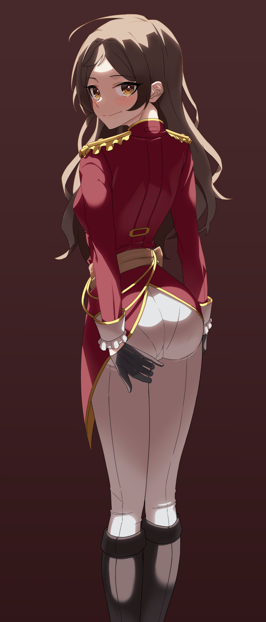1girl absurdres black_gloves breeches brown_hair commentary_request from_behind gloves hand_on_own_ass hear_(kpmf4732) highres idolmaster idolmaster_million_live! idolmaster_million_live!_theater_days kitazawa_shiho looking_at_viewer looking_back pants pantylines red_shirt riding_boots riding_outfit shiny shiny_hair shirt sideways_glance simple_background solo white_pants wrist_cuffs