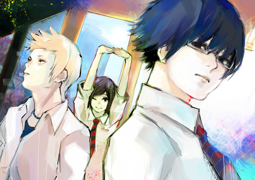 1girl 2boys absurdres aki_sasada arima_kishou arms_up bangs black_eyes blonde_hair blue_background blue_hair blue_necktie blue_shirt closed_mouth collared_shirt fura_taishi glasses highres interlocked_fingers kyuuba_melo multicolored_background multiple_boys necktie one_eye_closed own_hands_together red_background red_necktie school_uniform shirt short_hair short_sleeves smile striped_necktie tokyo_ghoul tokyo_ghoul:_jack white_shirt younger