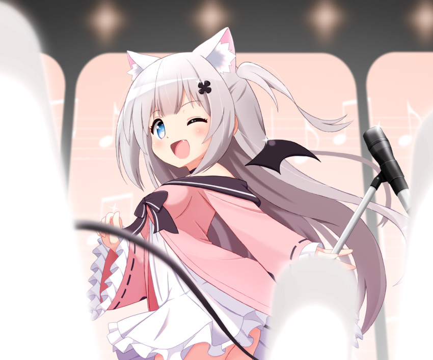 1girl :d animal_ear_fluff animal_ears bangs black_bow blue_eyes blush bow bow_dress character_request cowboy_shot demon_wings dress extra_ears eyebrows_visible_through_hair fang frilled_dress frills grey_hair hair_ornament hairpin long_hair long_sleeves looking_at_viewer microphone mogura2009 multicolored_clothes multicolored_dress musical_note off_shoulder one_eye_closed original pink_dress pleated_dress short_dress smile solo two_side_up very_long_hair virtual_youtuber white_dress wide_sleeves wings