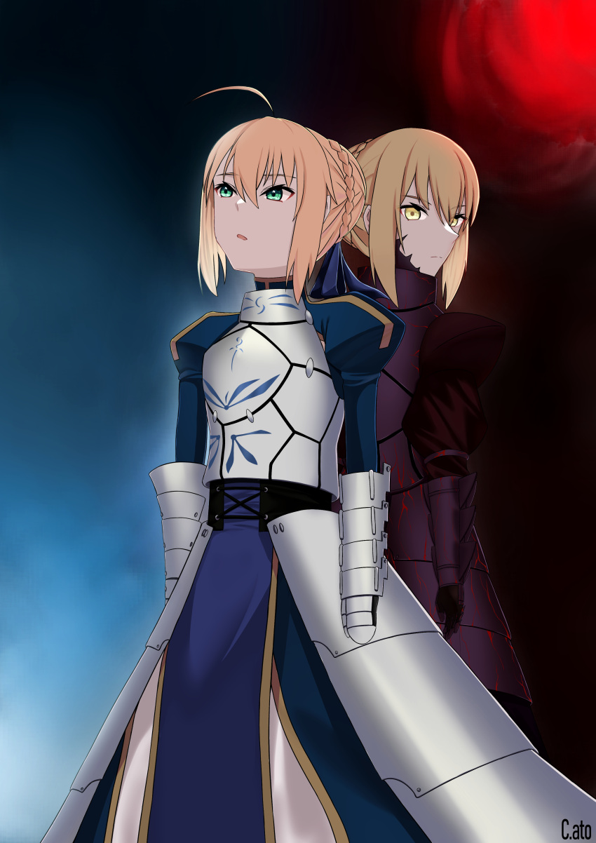 2girls ahoge armor armored_dress artoria_pendragon_(all) black_background black_ribbon blonde_hair blouse blue_dress bow braid braided_bun breasts c.ato cleavage closed_eyes collarbone dress dual_persona fate/grand_order fate/stay_night fate_(series) faulds french_braid gauntlets green_eyes hair_ribbon heaven's_feel highres hug juliet_sleeves long_sleeves multiple_girls open_mouth pale_skin puffy_sleeves ribbon saber saber_alter sea_of_eden short_hair sidelocks simple_background small_breasts white_hair yellow_eyes
