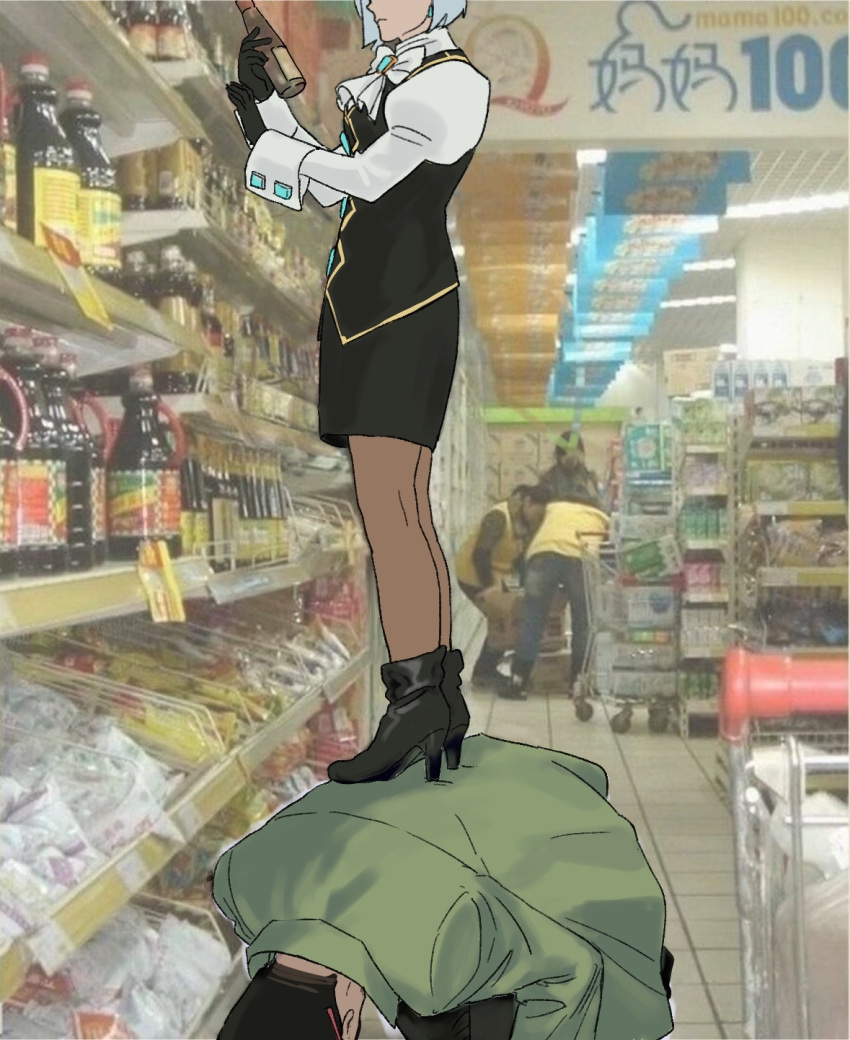 1boy 1girl ace_attorney all_fours black_footwear black_gloves black_hair black_legwear black_skirt black_vest blue_hair bottle bow bowtie breasts brooch chinese_commentary closed_mouth coat commentary_request convenience_store dick_gumshoe earrings franziska_von_karma from_side gloves godzillapigeon1 green_coat hands_up head_down head_out_of_frame high_heels highres holding holding_bottle indoors jewelry juliet_sleeves long_sleeves miniskirt pantyhose pencil_behind_ear pencil_skirt phoenix_wright:_ace_attorney_-_justice_for_all photo_background puffy_sleeves shirt shoes shop shopping_cart short_hair skirt small_breasts standing standing_on_person vest white_bow white_bowtie white_shirt