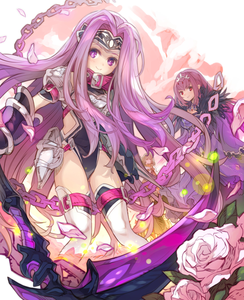 2girls black_legwear chain closed_mouth commentary_request covered_navel dress fate/grand_order fate_(series) feet_out_of_frame flower haku_(sabosoda) headpiece highres long_hair long_sleeves looking_at_viewer medusa_(fate) medusa_(rider)_(fate) multiple_girls petals pink_hair purple_dress rose scathach_(fate) scathach_skadi_(fate) scythe smile thigh-highs very_long_hair violet_eyes white_flower white_legwear white_rose wide_sleeves