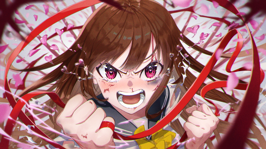 1girl absurdres black_sailor_collar blood bow bowtie brown_hair bruise bruise_on_face clenched_hands heart heart-shaped_pupils highres injury long_hair looking_at_viewer nosebleed open_mouth original pink_eyes sailor_collar school_uniform serafuku shirt solo string string_of_fate symbol-shaped_pupils taiga_(ryukyu-6102-8) tears white_shirt wide-eyed yellow_bow yellow_bowtie