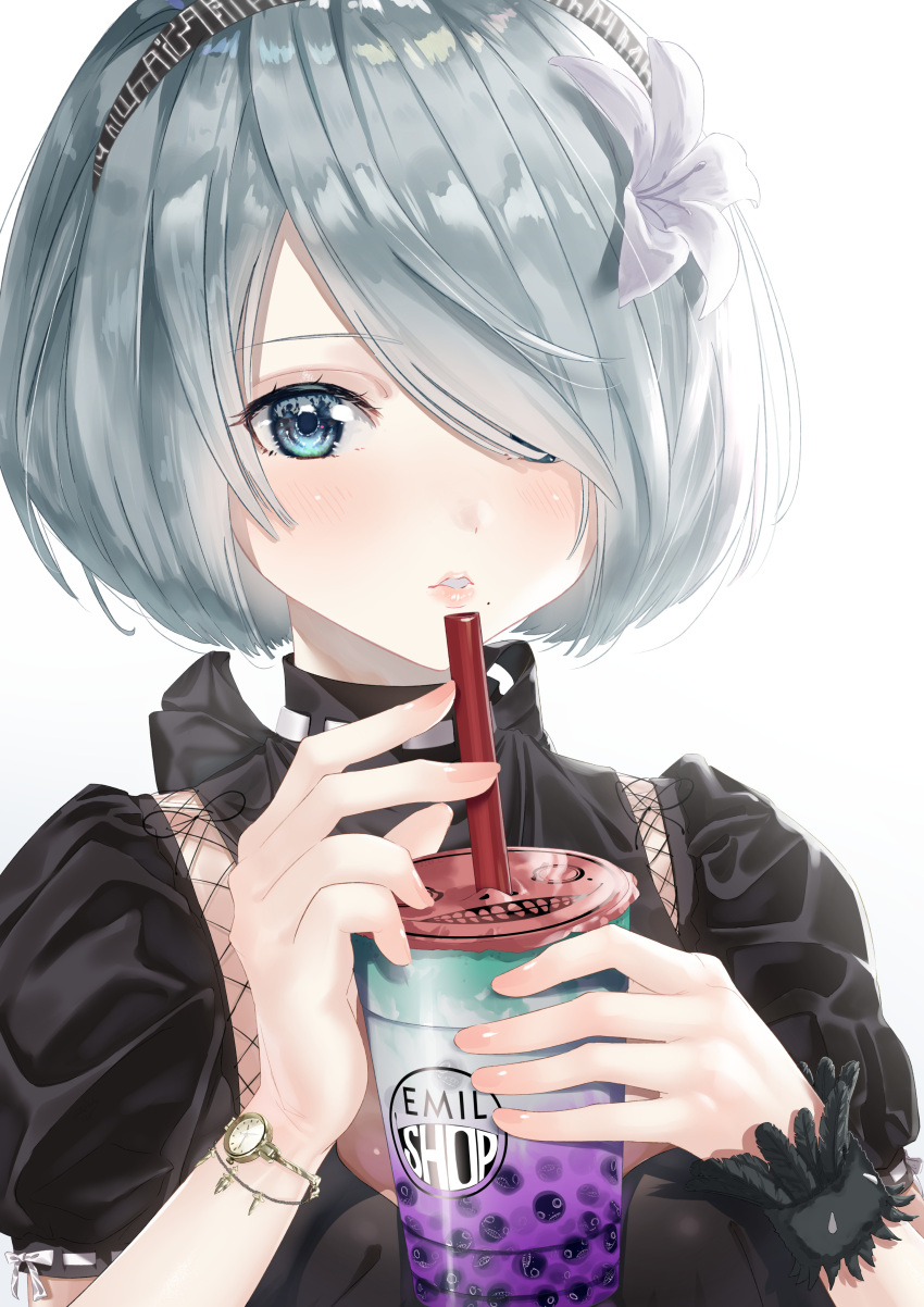 1girl absurdres black_dress blue_eyes blue_hair blush bubble_tea cup disposable_cup dress emil_(nier) flower hair_flower hair_ornament hair_over_one_eye hairband highres holding looking_at_viewer medium_hair mole mole_under_mouth nier_(series) nier_automata one_eye_covered parted_lips puffy_short_sleeves puffy_sleeves short_sleeves simple_background solo taiga_(ryukyu-6102-8) upper_body watch watch white_background white_flower wristband yorha_no._2_type_b