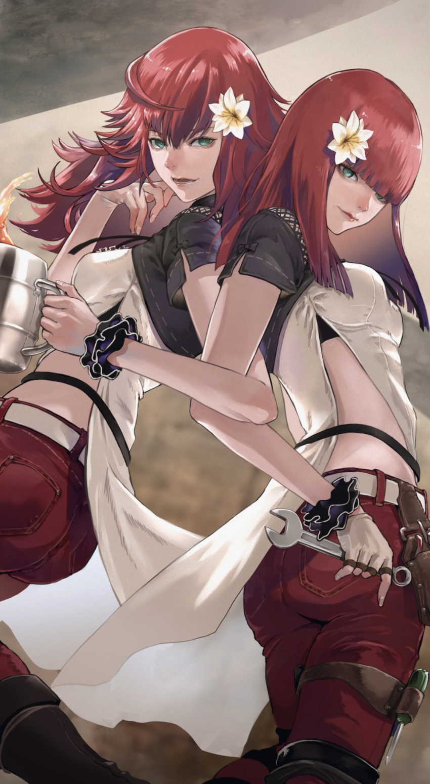 2girls bangs belt blunt_bangs breasts cup devola fingerless_gloves flower gauss_&lt;bokashi gloves green_eyes hair_flower hair_ornament hand_on_own_face highres holding holding_cup holding_wrench locked_arms long_hair medium_breasts mug multiple_girls nier_(series) nier_automata pants popola redhead screwdriver scrunchie short_sleeves siblings thigh_strap twins wrench wrist_scrunchie