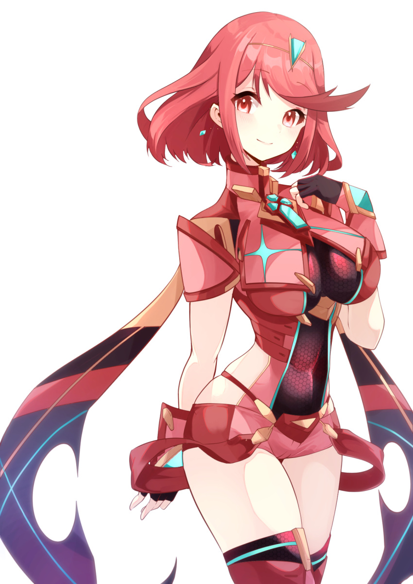 1girl bangs black_gloves breasts chest_jewel commentary_request cowboy_shot earrings eyebrows_visible_through_hair fingerless_gloves gem gloves highres jewelry large_breasts looking_at_viewer pyra_(xenoblade) red_eyes red_legwear red_shorts redhead risumi_(taka-fallcherryblossom) short_hair short_shorts shorts smile solo swept_bangs thigh-highs tiara white_background xenoblade_chronicles_(series) xenoblade_chronicles_2