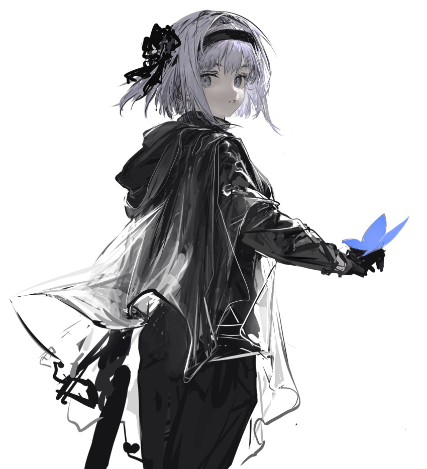 1girl absurdres alternate_costume bangs black_gloves black_hairband bug butterfly butterfly_on_hand closed_mouth cowboy_shot gloves grey_eyes grey_hair hair_ornament hairband highres konpaku_youmu looking_at_viewer looking_back see-through simple_background solo standing touhou white_background yamori_no_o