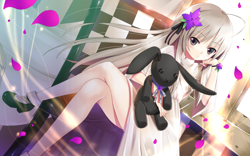 1girl brown_eyes cherry_blossoms crossed_legs dress dutch_angle flower hair_flower hair_ornament hair_ribbon hand_on_own_cheek hand_on_own_face highres kasugano_sora koi koi_(koisan) mary_janes petals ribbon shoes silver_hair sitting solo stuffed_animal stuffed_toy wallpaper wristband yosuga_no_sora