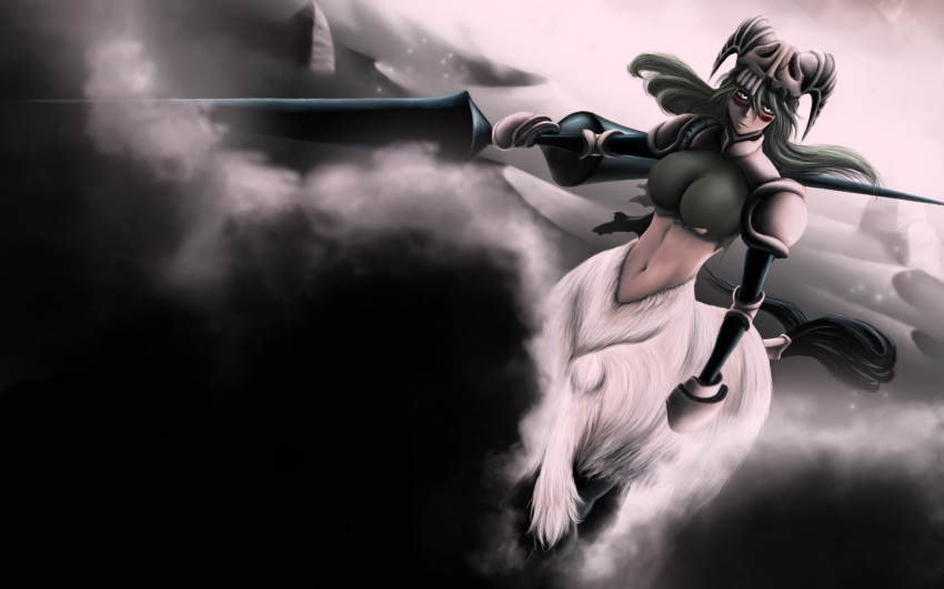 bleach centaur green_hair grey_eyes lance long_hair mask neliel_tu_oderschvank tail weapon