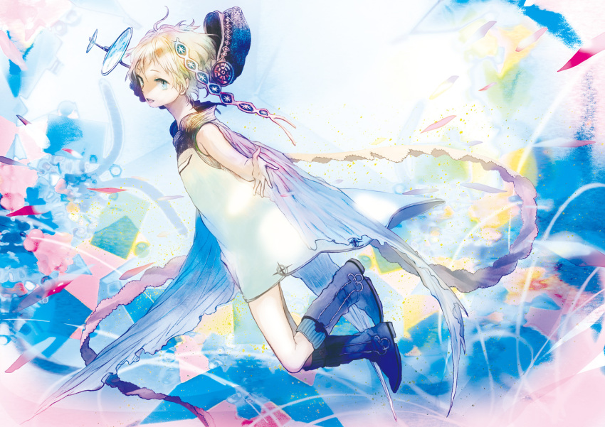 blue_eyes boots dress hat hat_removed headwear_removed highres open_mouth original short_hair solo sugi