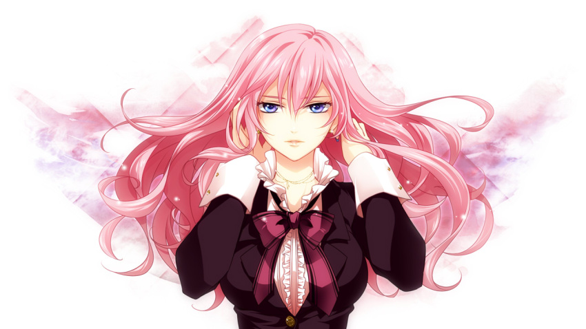 adjusting_hair blue_eyes bow earrings frills jewelry jyuru lips long_hair megurine_luka necklace pink_hair ribbons solo vocaloid wrist_cuffs