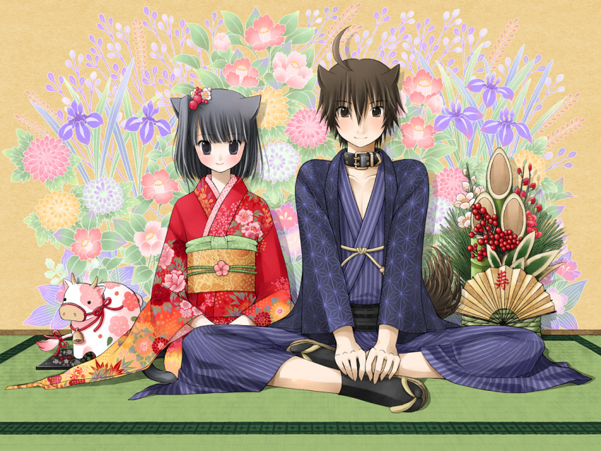 1girl ahoge animal_ears asa_no_ha_(pattern) bamboo bell bell_collar berries black_eyes black_hair blush brother_and_sister brown_eyes brown_hair camellia_(flower) cat_ears cat_tail catgirl chrysanthemum collar cow cow_bell dog_ears dog_tail fan floral_print flower folding_fan hair_bobbles hair_flower hair_ornament haori horns indian_style iris_(flower) japanese_clothes kadomatsu kanzaki_hayato kanzaki_miku kimono kuroinu mural new_year obi original sandals seiza siblings side_ponytail sitting smile tabi tail tail_bow tatami