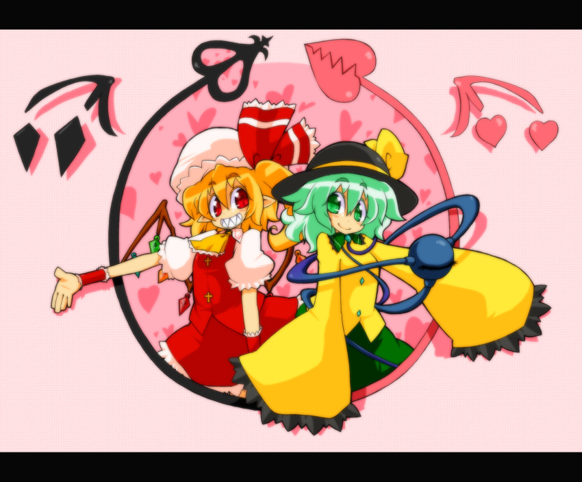 back-to-back blonde_hair bow flandre_scarlet green_eyes green_hair grin haiiro_gundan hat heart highres komeiji_koishi long_sleeves multiple_girls pointy_ears ponytail red_eyes ribbons sharp_teeth short_hair side_ponytail skirt sleeves_past_wrists smile touhou wings