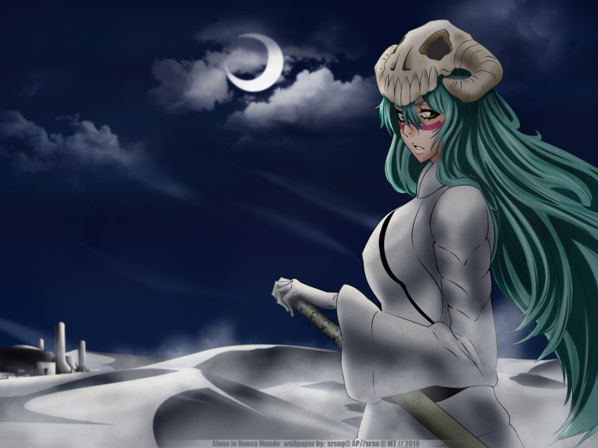 bleach green_hair grey_eyes long_hair moon neliel_tu_oderschvank sky sword weapon