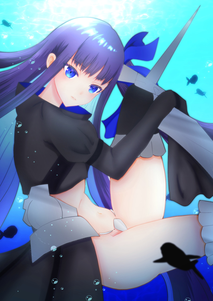 &gt;:( 1girl armored_boots arms_up ass blue_eyes boots closed_mouth crotch_plate fate/extra fate/extra_ccc fate/grand_order fate_(series) faulds from_side hakuun_chromu highres long_hair long_sleeves looking_at_viewer looking_to_the_side meltryllis navel purple_hair revealing_clothes serious shrug_(clothing) simple_background sleeves_past_fingers sleeves_past_wrists solo thigh-highs thigh_boots v-shaped_eyebrows very_long_hair white_background wide_sleeves