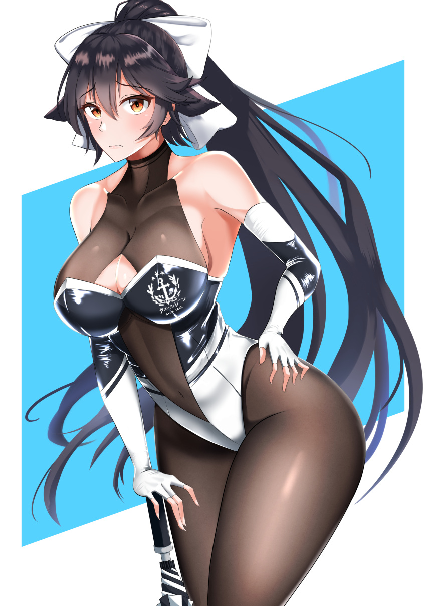 1girl absurdres azur_lane black_hair black_legwear bodystocking bow breasts brown_eyes cleavage_cutout clothing_cutout core1013 cowboy_shot hair_flaps highres large_breasts leaning_forward long_hair looking_at_viewer multicolored_leotard racequeen ribbon simple_background solo takao_(azur_lane) takao_(full_throttle_charmer)_(azur_lane) thigh_gap two-tone_leotard umbrella white_background white_bow white_ribbon