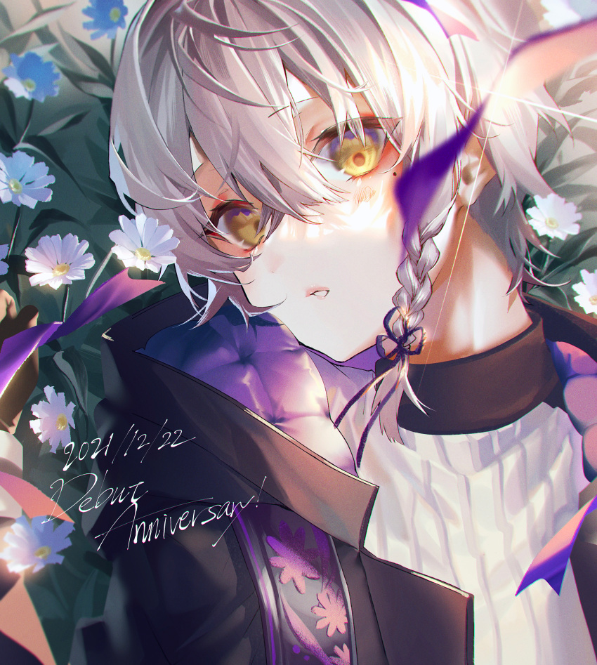 1boy absurdres anniversary ayatsuki_nina blush bouquet braid flower highres indie_virtual_youtuber karonaru looking_to_the_side male_focus mole mole_under_eye pale_skin virtual_youtuber white_hair yellow_eyes