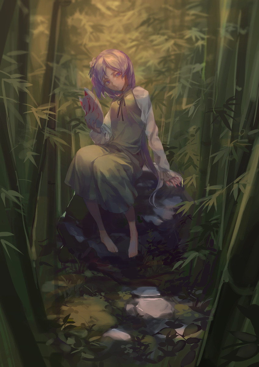 1girl absurdres bamboo bamboo_forest bangs black_eyes black_ribbon chinese_commentary commentary_request cui_(jidanhaidaitang) flower flower_on_head forest fox_mask highres holding light_purple_hair long_hair looking_at_viewer mask mask_removed nature neck_ribbon ribbon sitting solo sunset swept_bangs touhou tsukumo_benben