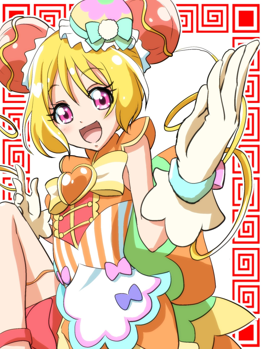 1girl :d back_bow blonde_hair blush bow brooch bun_cover cure_yum-yum delicious_party_precure double_bun drill_hair florence_(pixiv2041945) gloves green_bow hanamichi_ran hat hat_bow heart_brooch highres jewelry long_hair looking_at_viewer magical_girl mini_hat open_mouth precure red_eyes smile solo striped striped_bow twin_drills upper_body white_gloves