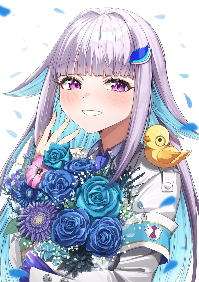 1girl :d absurdres armband bangs blue_flower blue_hair blue_necktie blue_rose blunt_bangs blush bouquet colored_inner_hair eyebrows_visible_through_hair fingernails flower grey_hair hair_flaps hand_up highres holding holding_bouquet holding_flower jacket lize_helesta long_sleeves looking_at_viewer multicolored_hair necktie nijisanji petals purple_flower purple_rose rose sebastian_piyodore simple_background smile solo taiga_(ryukyu-6102-8) violet_eyes white_background white_jacket