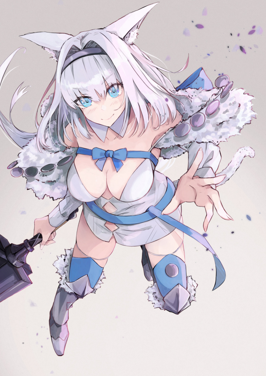 1girl animal_ears armored_boots bangs blue_bow blue_eyes blue_ribbon blush boots bow breasts brown_legwear buttons cape capelet cat_ears cat_girl cat_tail chitak4 crop_top crop_top_overhang dobrynya_nikitich_(fate) dress fate/grand_order fate_(series) fur-trimmed_capelet fur-trimmed_headwear fur_trim gauntlets grey_dress hair_bow highres knee_boots large_breasts long_hair long_sleeves looking_at_viewer low_ponytail mace medium_breasts pantyhose ribbon short_dress smile solo tail thighs weapon white_cape white_capelet white_hair white_headwear