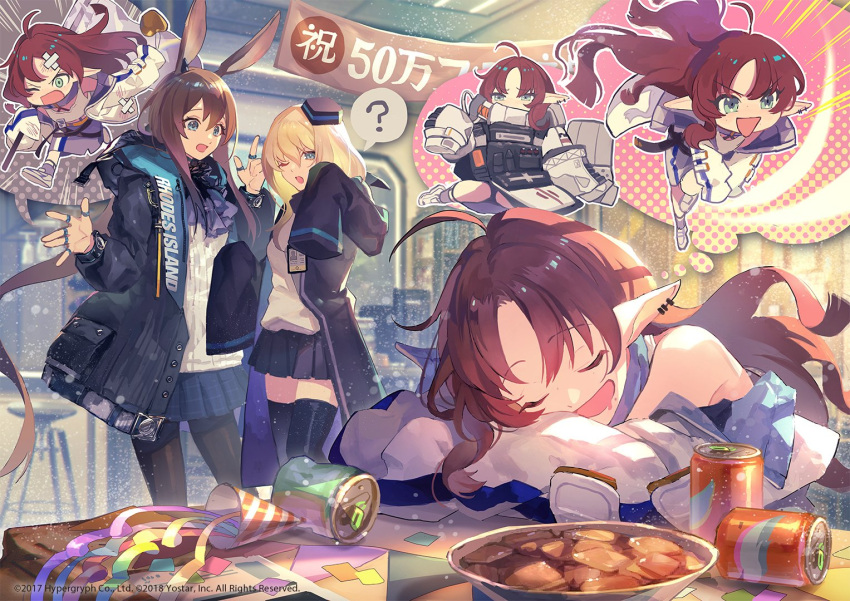 3girls amiya_(arknights) animal_ears arknights bandages bandaid blonde_hair bowl brown_hair closed_eyes cosplay durin_(arknights) dwarf earrings english_text flag food jacket jewelry long_sleeves mudrock_(arknights) multiple_girls multiple_rings myrtle_(arknights) official_art one_eye_closed oversized_clothes pointy_ears rabbit_ears rabbit_girl redhead ring sleeping table thumb_ring tin_can yubari