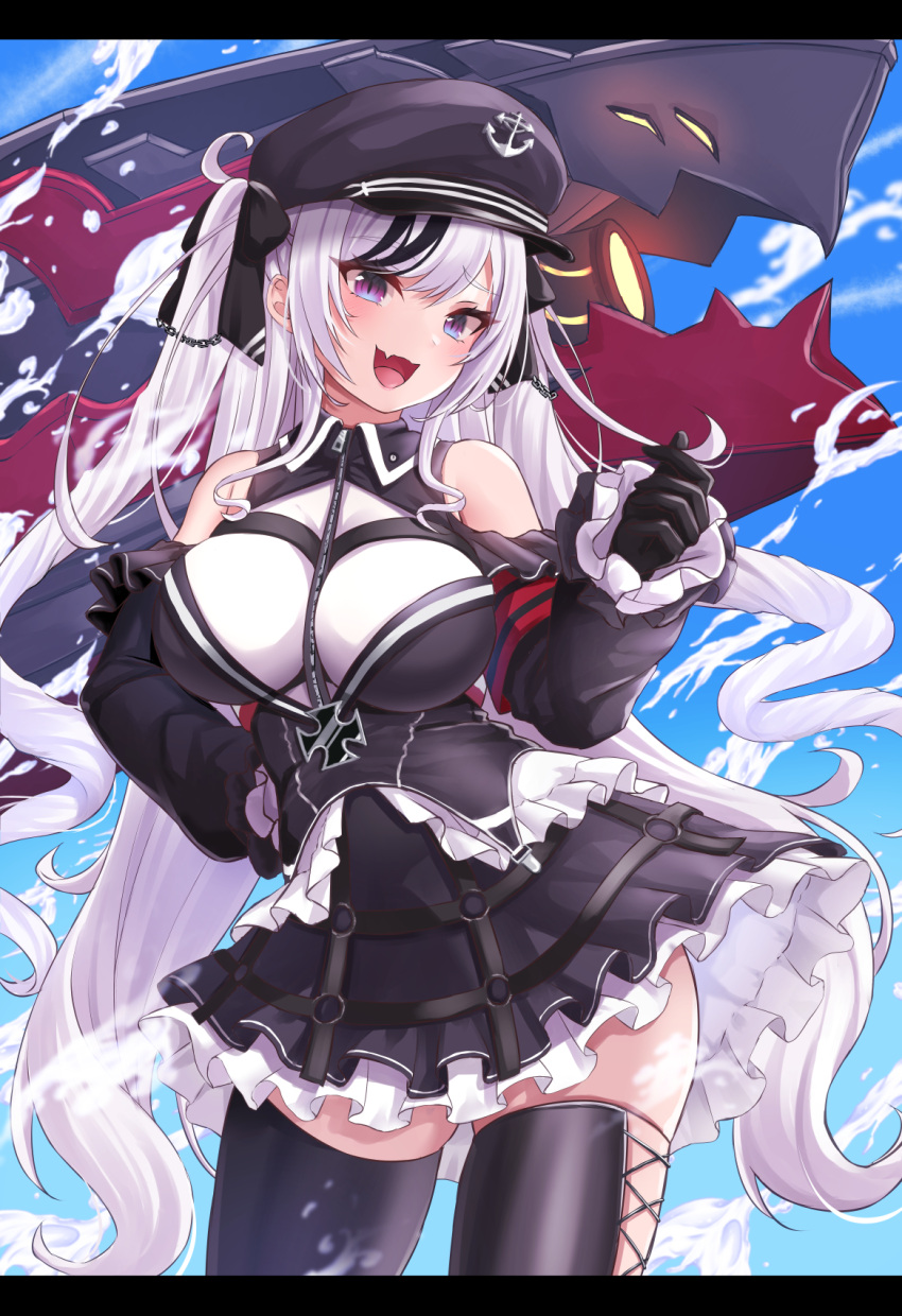 1girl ako_suke azur_lane bare_shoulders black_corset black_dress black_hair black_headwear black_legwear blush breasts clothing_cutout collared_dress contrapposto corset cowboy_shot cross cross-laced_clothes cross-laced_legwear dress elbe_(azur_lane) fang framed_breasts frilled_dress frills gloves hand_on_hip hat highres impossible_clothes impossible_leotard iron_cross large_breasts layered_dress leotard long_hair looking_at_viewer military military_vehicle multicolored_hair o-ring open_mouth peaked_cap red_armband ship short_dress shoulder_cutout skin_fang skindentation sky slit_pupils smile streaked_hair thigh-highs tsurime twintails very_long_hair warship watercraft wavy_hair white_hair white_leotard zettai_ryouiki zipper