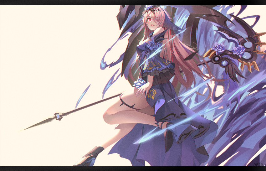 1girl bangs bare_shoulders brown_hair dpin_(user_adhr8855) dress electricity flower hair_flower hair_ornament hair_over_one_eye high_heels holding holding_scythe holding_weapon honkai_(series) honkai_impact_3rd long_hair long_sleeves looking_at_viewer purple_dress purple_flower purple_footwear purple_rose rita_rossweisse rita_rossweisse_(fallen_rosemary) rose scythe simple_background solo violet_eyes weapon yellow_background
