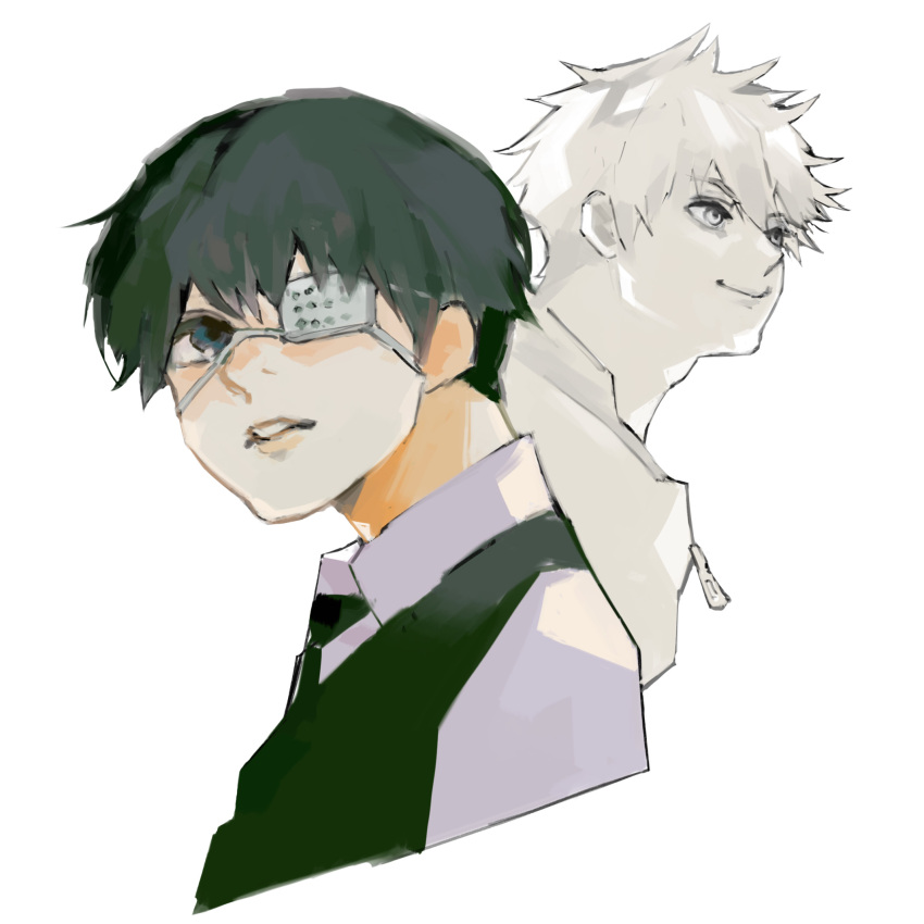 2boys bangs black_eyes black_hair black_necktie black_vest commentary_request cropped_shoulders eyepatch from_side highres kaneki_ken kyuuba_melo looking_at_viewer looking_to_the_side multiple_boys nagachika_hideyoshi necktie short_hair smile tagme tokyo_ghoul vest