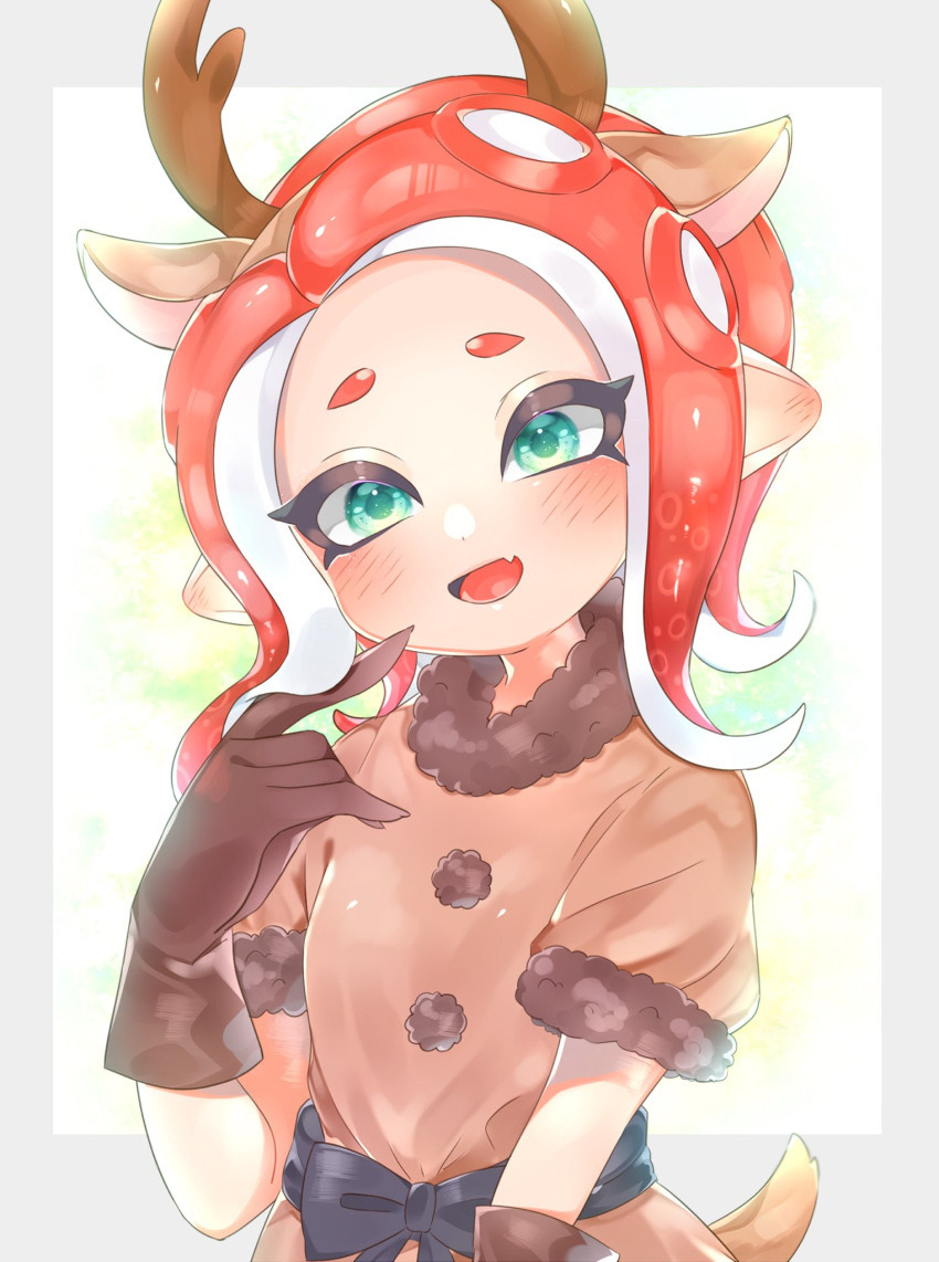 1girl a_msel animal_ears antlers black_gloves blush brown_dress christmas commentary deer_ears deer_tail dress english_commentary fangs fur-trimmed_dress fur_trim gloves green_eyes highres looking_at_viewer octoling open_mouth pointing pointing_at_self pointy_ears redhead reindeer_antlers short_sleeves skin_fangs smile solo splatoon_(series) suction_cups tail tentacle_hair upper_body