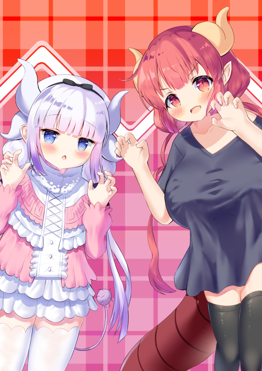 2girls :d bangs black_bow black_hairband black_legwear black_shirt blunt_bangs blush bow breasts capelet chestnut_mouth commentary_request dragon_girl dragon_horns dragon_tail dress eyebrows_visible_through_hair fang frilled_capelet frills hair_bow hairband highres horns ilulu_(maidragon) kanna_kamui kobayashi-san_chi_no_maidragon large_breasts long_hair long_sleeves looking_at_viewer low_twintails multiple_girls parted_lips pink_dress plaid plaid_background pointy_ears red_eyes redhead shirt short_sleeves siera_(sieracitrus) smile tail thigh-highs twintails v-shaped_eyebrows very_long_hair white_capelet white_hair white_legwear