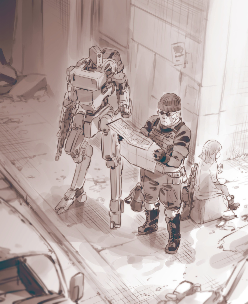 1boy 1girl absurdres beanie boots car character_request gloves greyscale ground_vehicle gun hat highres holding holding_gun holding_map holding_weapon humanoid_robot ishiyumi map mechanical_buddy_universe monochrome motor_vehicle science_fiction shorts standing sunglasses weapon