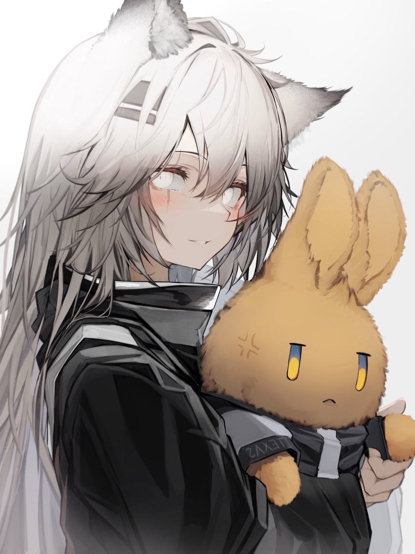1girl anger_vein animal_ear_fluff animal_ears arknights black_jacket blush closed_mouth commentary_request gradient gradient_background grey_background hair_between_eyes hair_ornament highres jacket lappland_(arknights) long_hair long_sleeves looking_at_viewer parted_lips revision scar scar_across_eye smile tab_head upper_body white_eyes white_hair