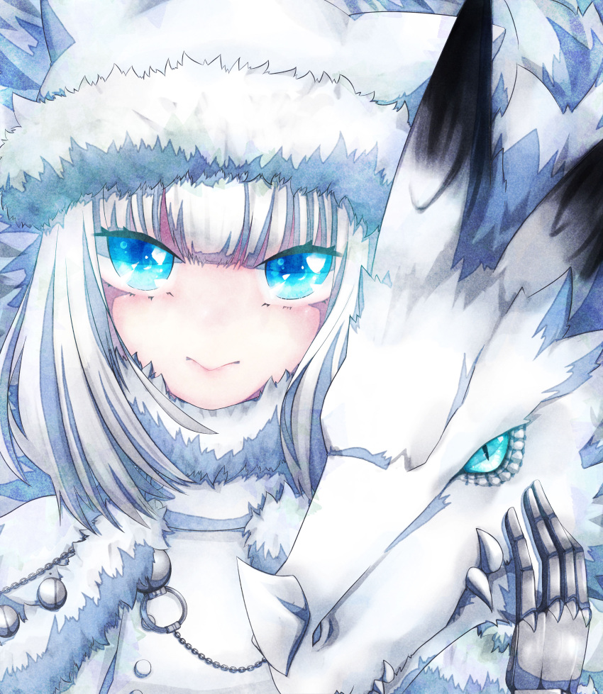 1girl animal_ears armored_boots bangs blue_bow blue_eyes blue_ribbon blush boots bow breasts brown_legwear buttons cape capelet cat_ears cat_girl cat_tail club_(weapon) crop_top crop_top_overhang dobrynya_nikitich_(fate) dress fate/grand_order fate_(series) fur-trimmed_capelet fur-trimmed_headwear fur_trim gauntlets grey_dress hair_bow hat knee_boots large_breasts long_hair long_sleeves looking_at_viewer low_ponytail open_mouth pantyhose ribbon short_dress solo tail thighs weapon white_cape white_capelet white_hair white_headwear winoe_(inoe)