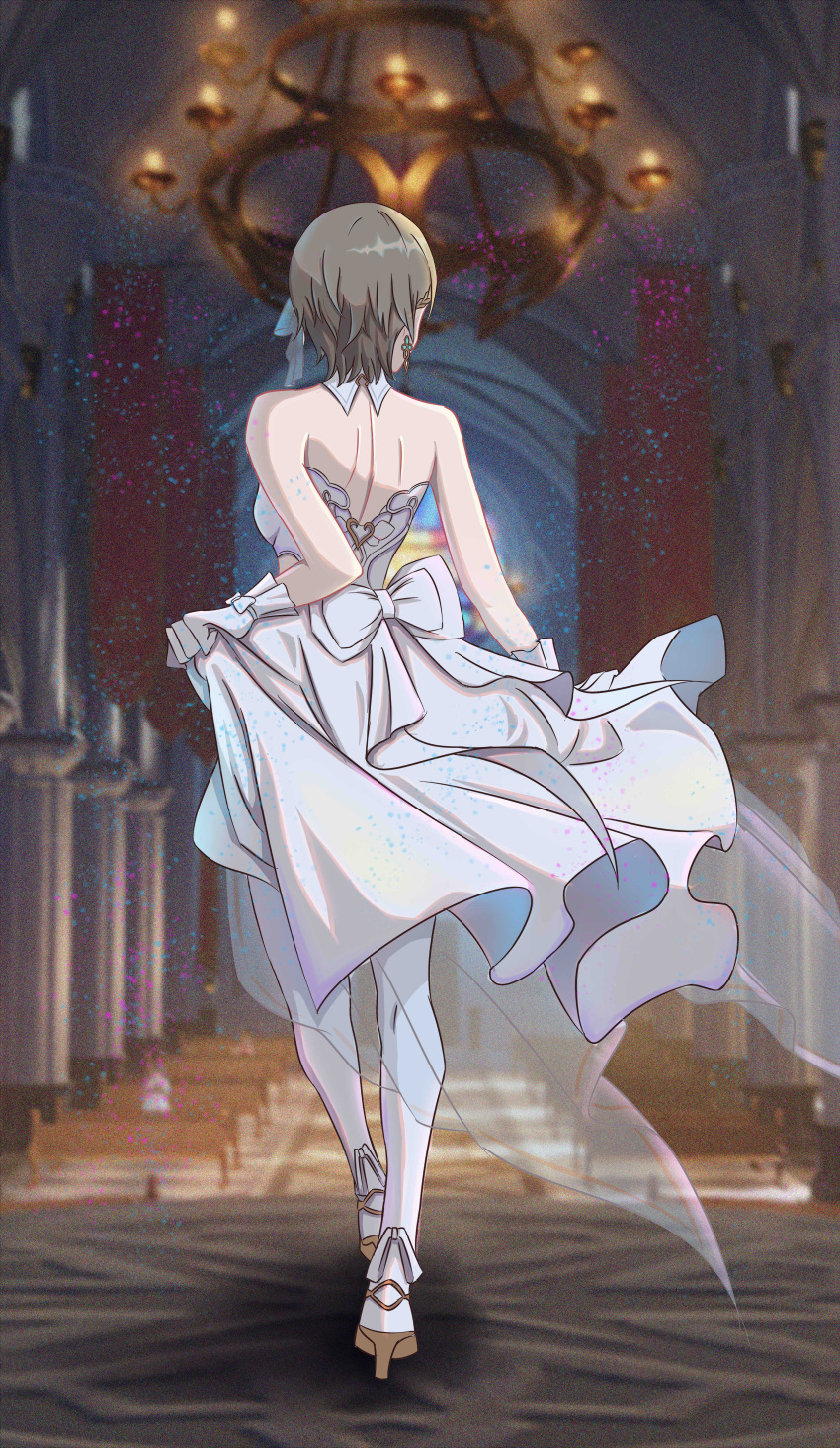 1girl absurdres back bare_shoulders blurry blurry_background brown_hair chandelier church dress full_body gloves highres honkai_(series) honkai_impact_3rd indoors jin_li_(107194530) rita_rossweisse rita_rossweisse_(artemis) shoes short_hair solo standing strapless strapless_dress wedding_dress white_dress white_footwear white_gloves white_legwear