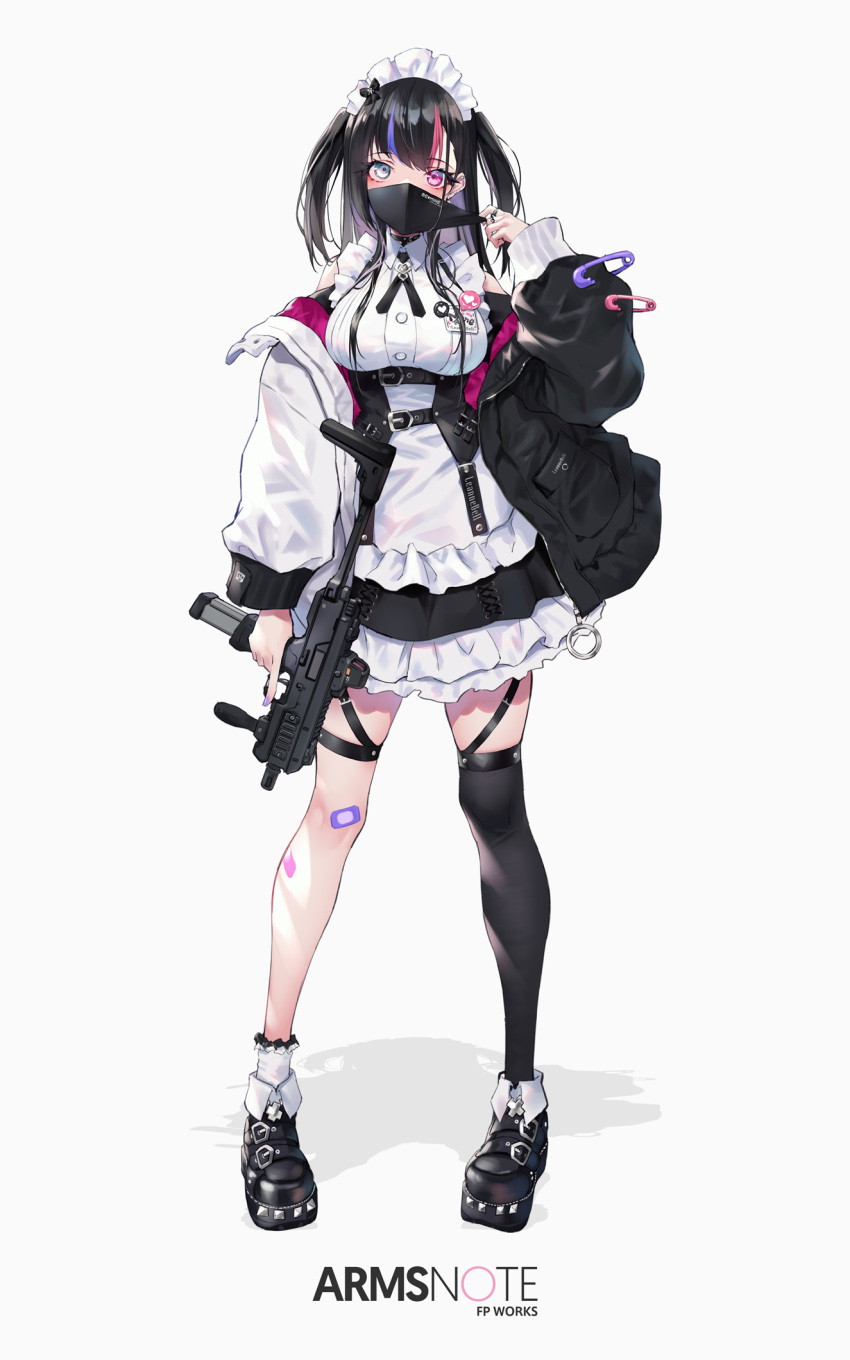 1girl arms_note bandaid bandaid_on_knee black_hair breasts dress english_text frilled_dress frills fukai_ryosuke grey_eyes gun heterochromia highres holding holding_weapon id_card jacket maid_headdress mask mask_pull medium_breasts mine_laying_maid mouth_mask multicolored_hair off_shoulder ribbon safety_pin single_thighhigh standing submachine_gun suitcase thigh-highs thigh_strap two_side_up underbust violet_eyes weapon white_background