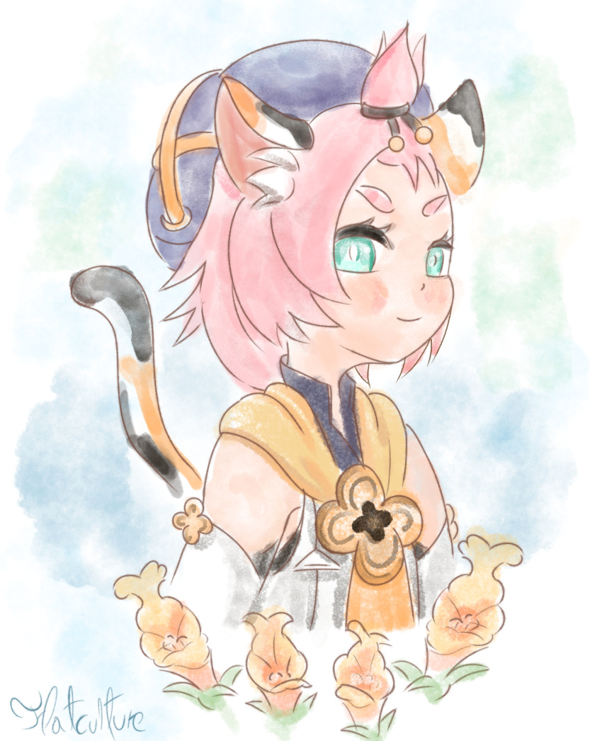 1girl absurdres animal_ears calico cat_ears diona_(genshin_impact) flatculture flower genshin_impact green_eyes highres loli painting_(medium) pink_hair portrait tail traditional_media watercolor_(medium)