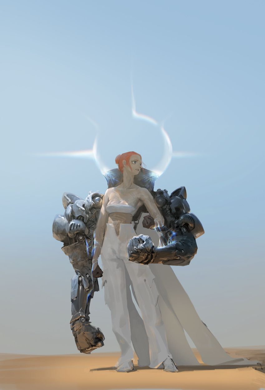 1girl absurdres bare_shoulders blue_eyes blue_sky brown_gloves clear_sky clenched_hands collarbone desert electricity gloves hair_bun half_gloves halo henu_caulfield_joo highres long_hair machine mechanic mechanical_arms orange_hair original parted_lips power_armor science_fiction sky solo standing