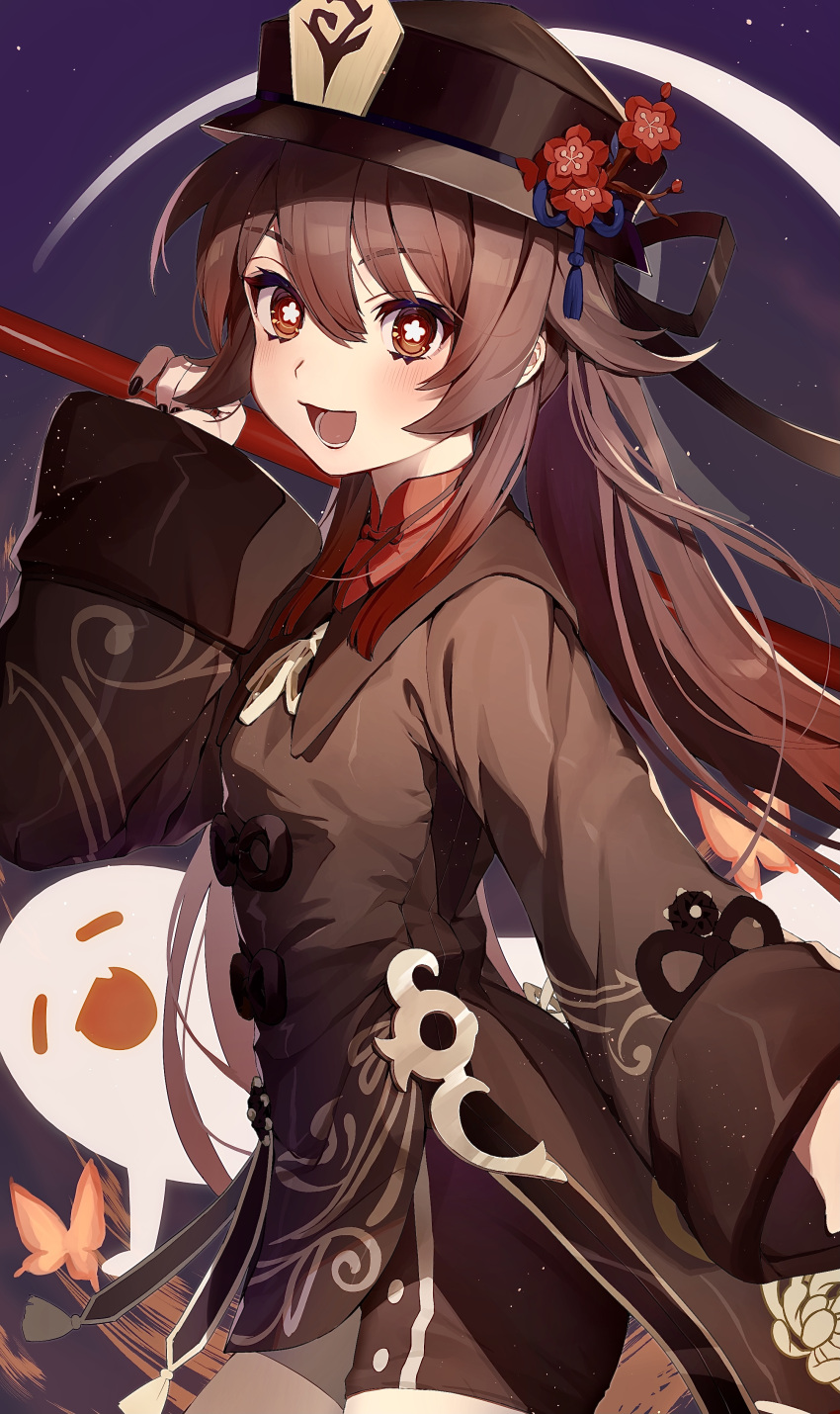 1girl :d absurdres black_headwear black_nails blush brown_dress brown_eyes brown_hair dress eyebrows_visible_through_hair fingernails flower flower-shaped_pupils genshin_impact ghost hair_between_eyes highres hu_tao_(genshin_impact) idenshi_hina long_hair long_sleeves looking_at_viewer lower_teeth nail_polish plum_blossoms smile solo symbol-shaped_pupils teeth