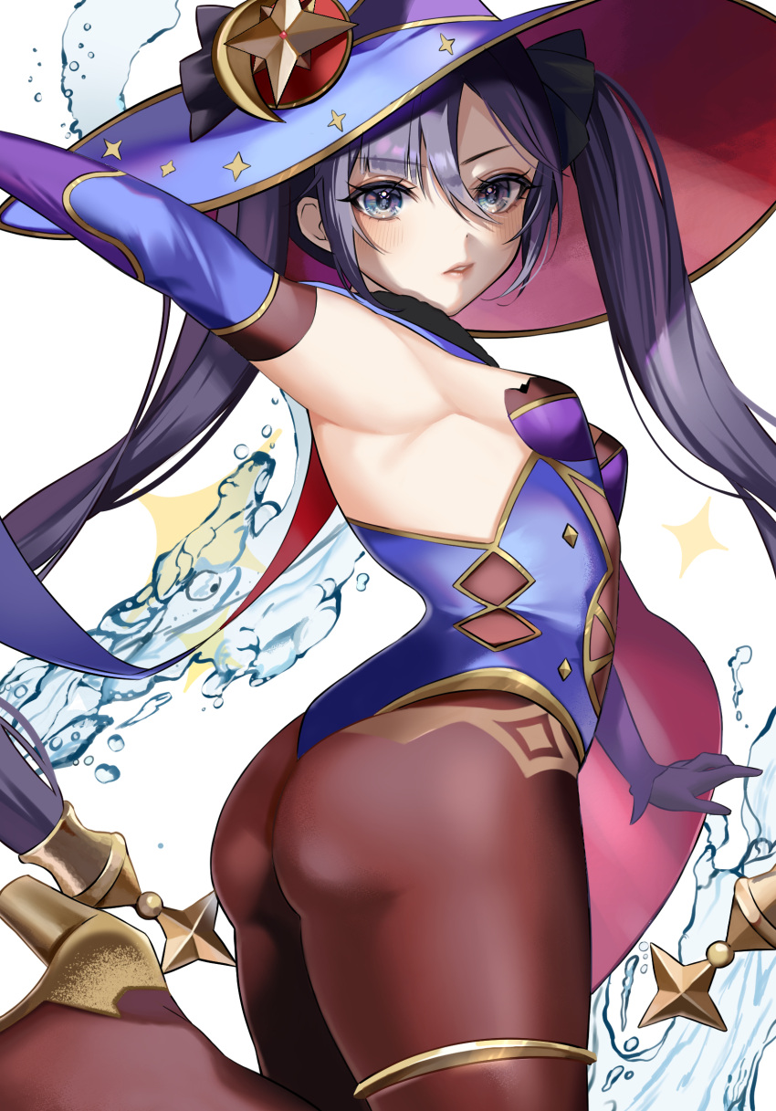 1girl arm_up armpits ass bare_shoulders blue_eyes blue_headwear blue_leotard blush breasts brown_legwear genshin_impact gloves hair_ornament hat hat_ornament highres hua_shu_tenma leotard mona_(genshin_impact) outstretched_arm pantyhose parted_lips purple_hair sideboob small_breasts solo star_(symbol) star_hair_ornament star_hat_ornament thighlet twintails water witch_hat