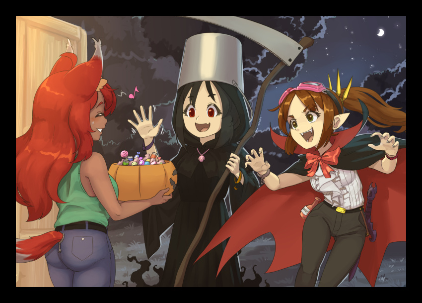 3girls :d animal_ears bare_arms belt black_hair bracelet brown_hair bucket bucket_on_head candy cape dark-skinned_female dark_skin eighth_note english_commentary fang fangs food fox_ears fox_tail goggles goggles_on_head green_shirt halloween_bucket highres holding holding_scythe jewelry long_hair multiple_girls musical_note night object_on_head original outdoors pants ponytail red_eyes red_neckwear redhead scythe shirt skin_fang skull_necklace sleeveless smile suweeka sword tail tail_through_clothes terraria trick_or_treat vampire_costume waving weapon zoologist_(terraria)