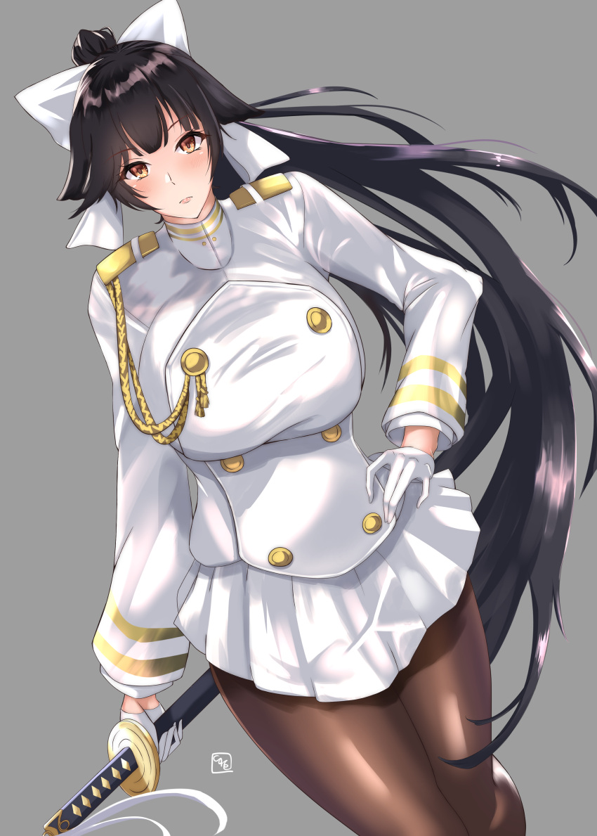 1girl absurdres azur_lane black_hair black_legwear bodystocking bow breasts brown_eyes cleavage_cutout clothing_cutout core1013 cowboy_shot hair_flaps highres large_breasts leaning_forward long_hair looking_at_viewer multicolored_leotard racequeen ribbon simple_background solo takao_(azur_lane) takao_(full_throttle_charmer)_(azur_lane) thigh_gap two-tone_leotard umbrella white_background white_bow white_ribbon