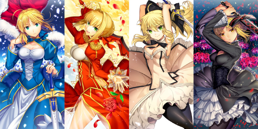 4girls aestus_estus ahoge armor armored_boots armored_dress artoria_pendragon_(all) bare_shoulders black_bow black_dress blonde_hair blue_bow blue_dress blush boots bow braid breasts brown_bow caliburn closed_mouth commentary_request dark_excalibur detached_sleeves dress ells excalibur excalibur_(fate/stay_night) excalibur_morgan_(fate) facial_mark fate/extra fate/grand_order fate/stay_night fate/unlimited_codes fate_(series) gauntlets glowing glowing_sword glowing_weapon green_eyes hair_bow hair_bun hair_intakes hair_ribbon highres holding holding_sword holding_weapon juliet_sleeves knee_boots light_brown_hair long_sleeves looking_at_viewer medium_breasts multiple_girls nero_claudius_(fate) nero_claudius_(fate)_(all) parted_lips puffy_short_sleeves puffy_sleeves red_dress red_ribbon ribbon saber saber_alter saber_extra saber_lily short_sleeves sidelocks sleeveless sleeveless_dress sleeves_past_wrists small_breasts smile sword weapon white_dress white_sleeves wide_sleeves