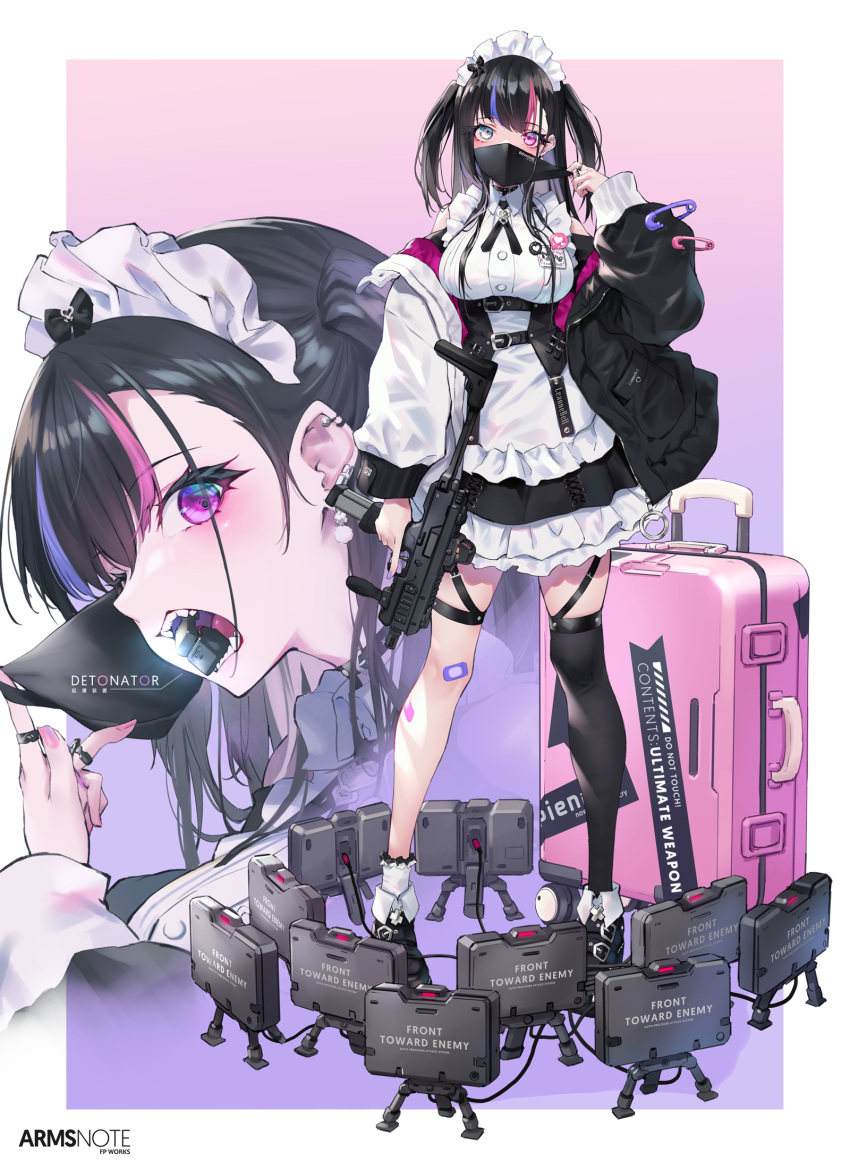 1girl arms_note bandaid bandaid_on_knee black_hair breasts dress english_text explosive frilled_dress frills fukai_ryosuke grey_eyes gun heterochromia highres holding holding_weapon id_card jacket looking_at_viewer maid_headdress mask mask_pull medium_breasts mine_(weapon) mine_laying_maid mouth_hold mouth_mask multicolored_hair off_shoulder ribbon safety_pin sharp_teeth single_thighhigh standing submachine_gun suitcase teeth thigh-highs thigh_strap two_side_up underbust violet_eyes weapon