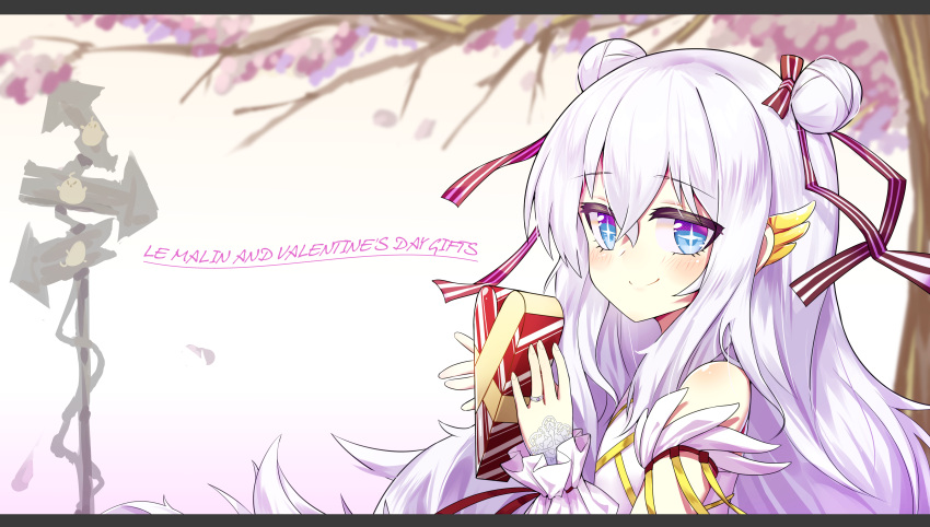 +_+ 1girl absurdres azur_lane blue_eyes blush box double_bun eyebrows_visible_through_hair hair_ribbon heart-shaped_box highres holding holding_box jewelry le_malin_(azur_lane) long_hair looking_at_viewer pg_(pege544) ribbon ring signpost smile solo valentine white_hair