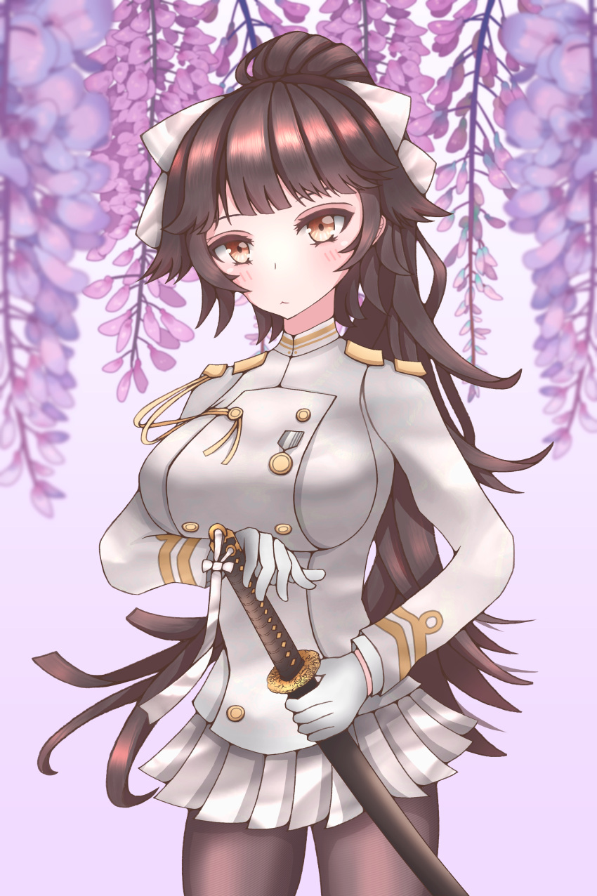 1girl absurdres azur_lane bow breasts brown_hair buttons double-breasted gloves high_ponytail highres jacket large_breasts long_hair military military_uniform miniskirt nagumokouseki naval_uniform orange_eyes pantyhose pleated_skirt sheath simple_background skirt solo takao_(azur_lane) uniform unsheathing very_long_hair white_bow white_gloves white_jacket white_skirt