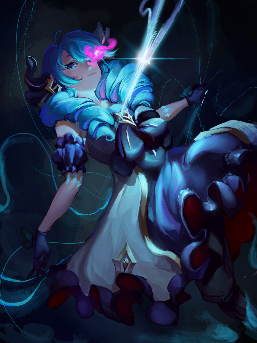 1girl :3 absurdres ahoge bangs black_bow black_dress black_gloves blue_eyes blue_hair blush bow breasts closed_mouth detached_sleeves dress drill_hair frills furioso gloves glowing glowing_eye green_eyes grey_dress gwen_(league_of_legends) hair_bow heterochromia highres league_of_legends light long_hair looking_at_viewer puffy_short_sleeves puffy_sleeves short_sleeves smile solo strapless strapless_dress twin_drills twintails two-tone_dress
