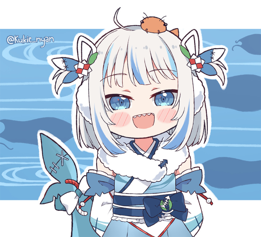 1girl ahoge bangs blue_eyes blue_hair chibi earmuffs fish_tail gawr_gura hair_ornament hololive hololive_english japanese_clothes kimono kukie-nyan looking_at_viewer multicolored_hair open_mouth scarf shark_tail sharp_teeth solo streaked_hair tail teeth twintails virtual_youtuber